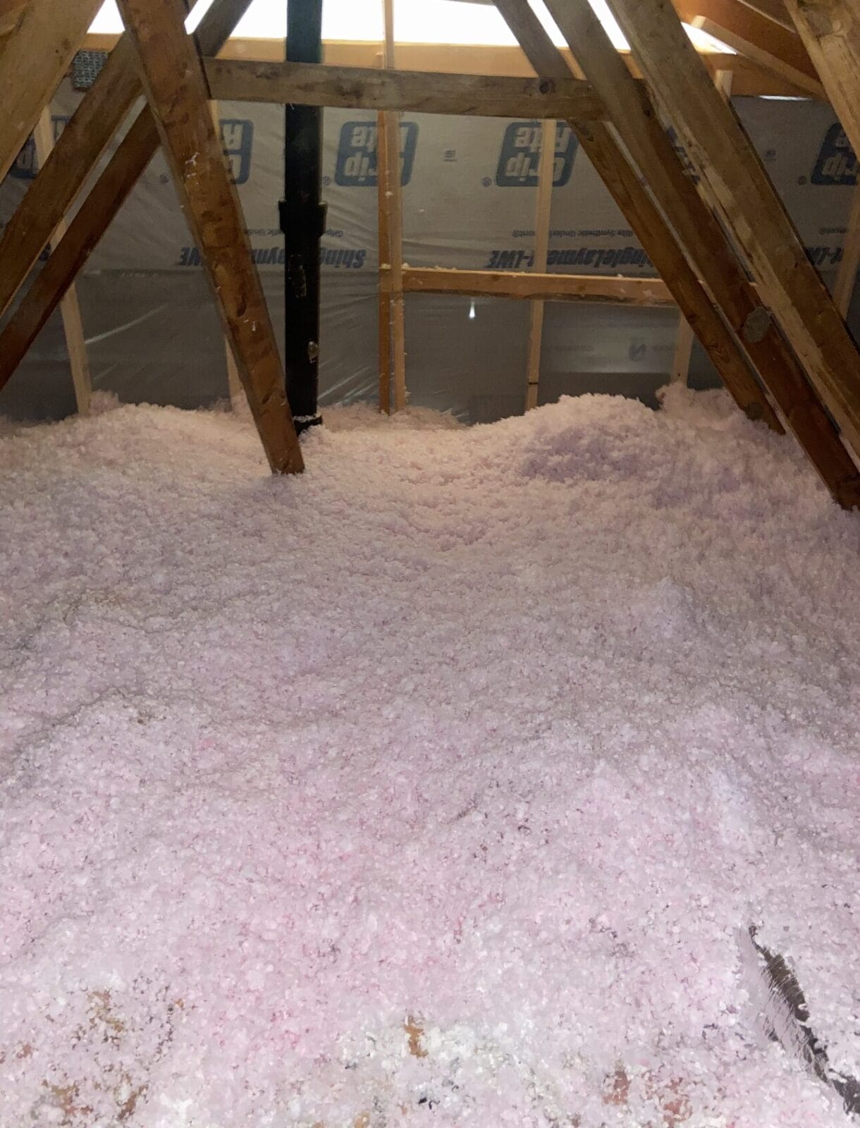 Pink blow in insulation in attic of home
